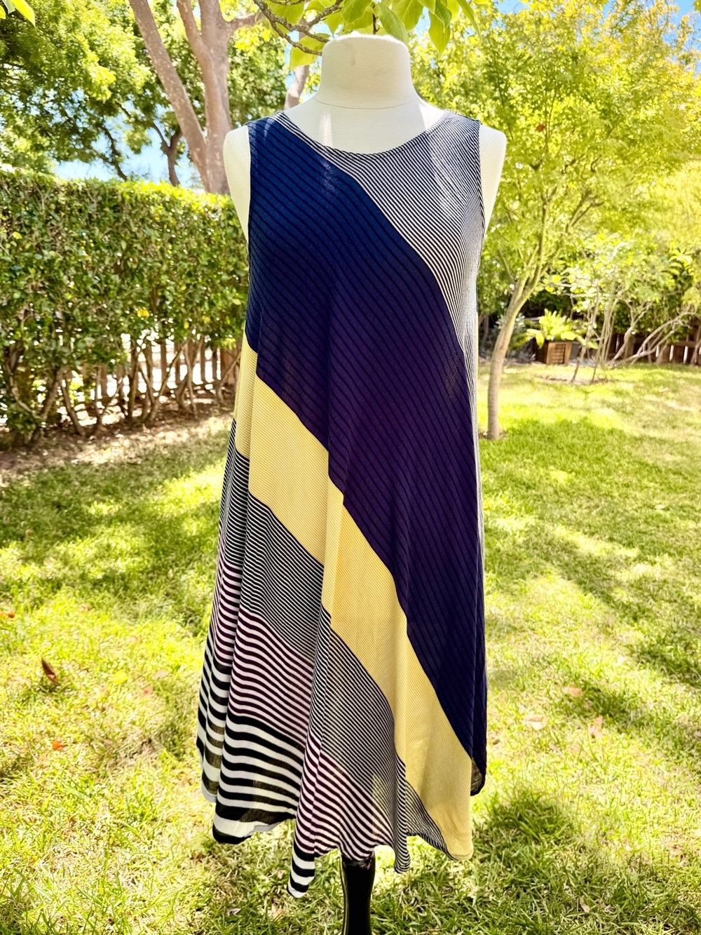 Japanese Colorblock Stripe Sleeveless A-Line Dress Rayon M Avant Garde Lagenlook